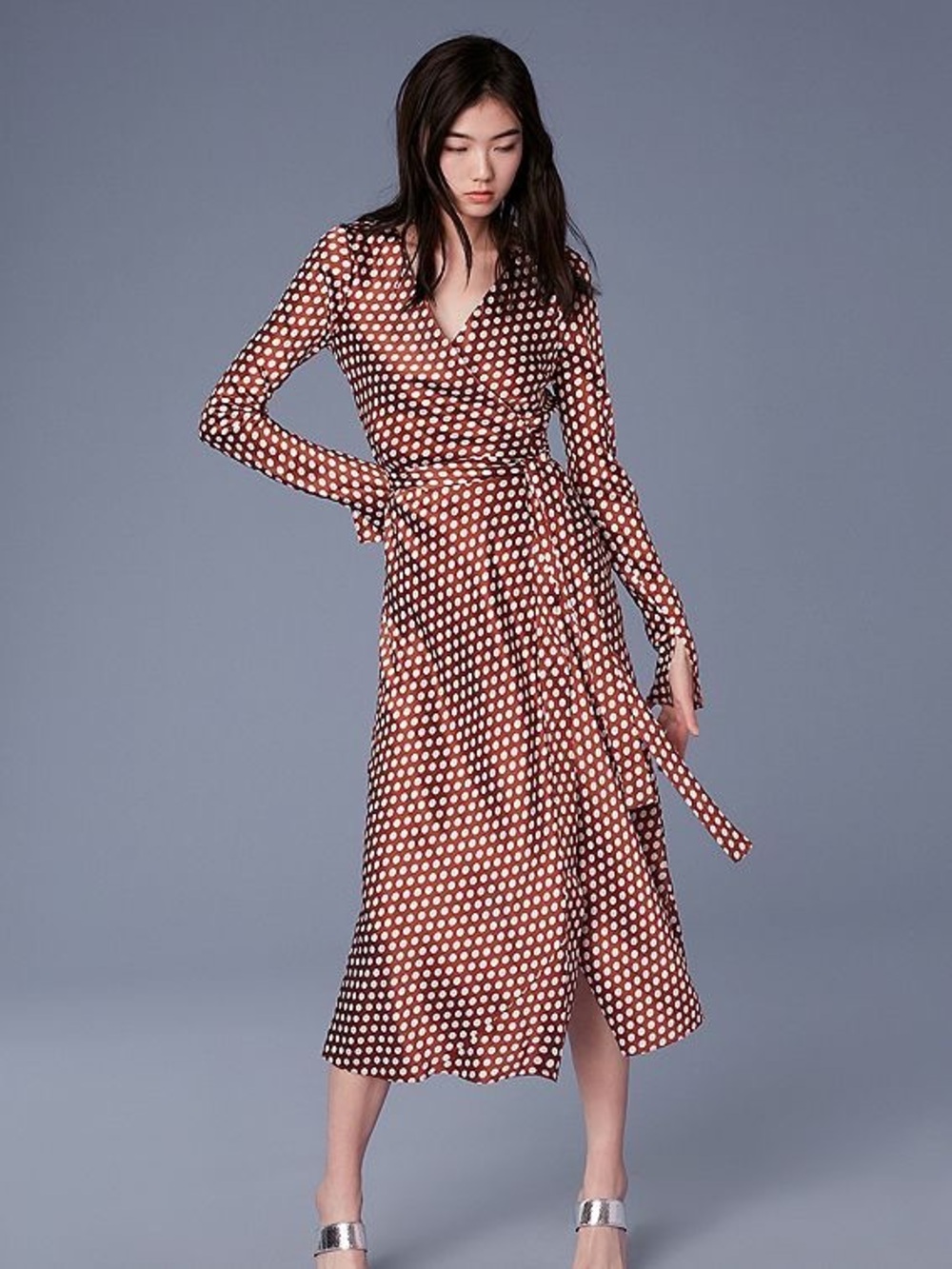 DVF Brown Polka Dot Wrap Midi Dress - Women's